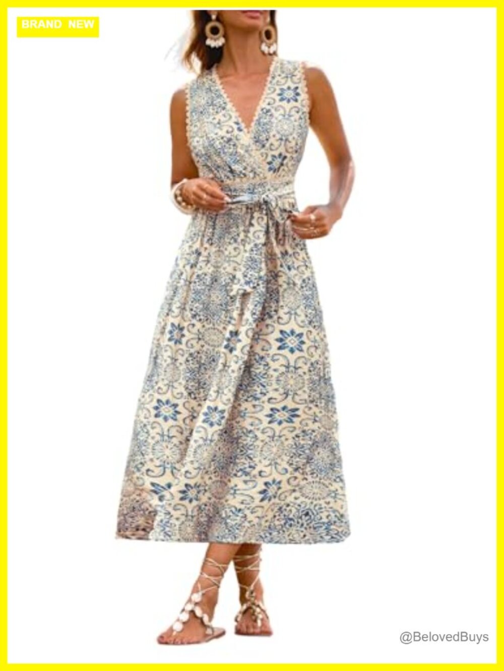 Paisley Floral Lace Trim Wrap V-Neck Sleeveless Midi Dress
